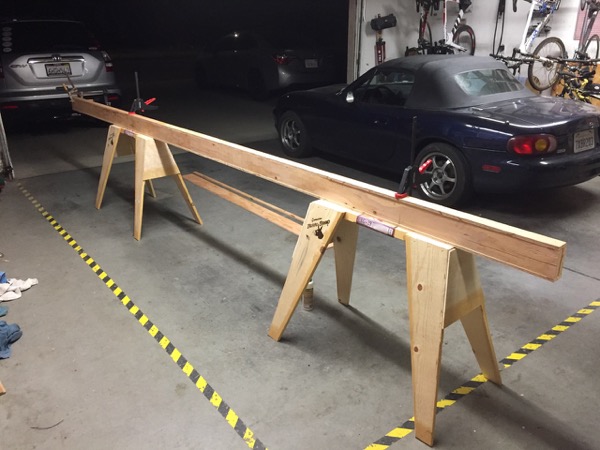 untrimmed spine on sawhorses